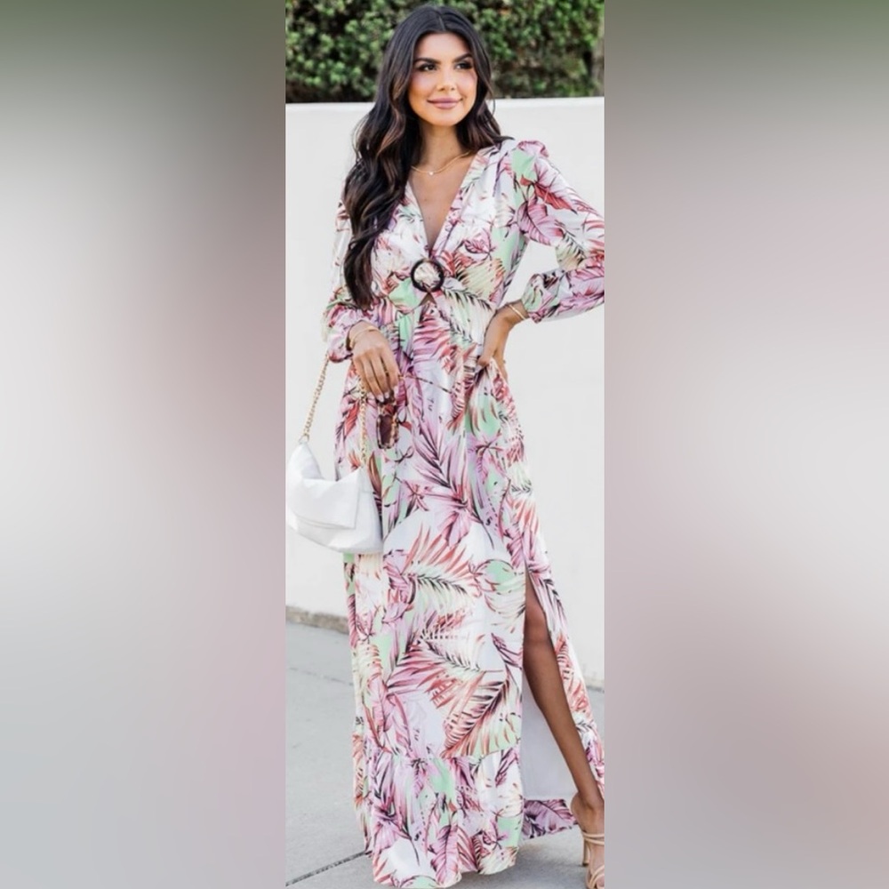 Where I Want To Be Pink and Green Tropical Printed Long Sleeve Maxi Dress